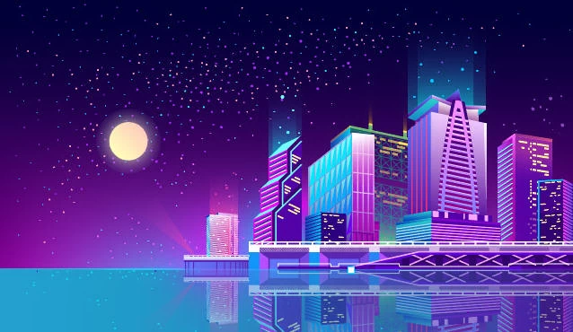 未来科技科幻霓虹灯渐变绚丽城市建筑夜景灯光插画AI/PSD设计素材100套【081】